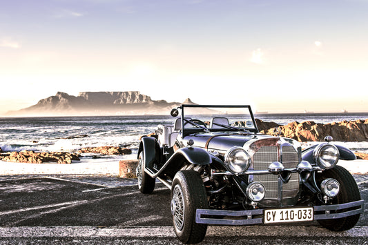 Elegance in Motion: Classic Car with Table Mountain Backdrop